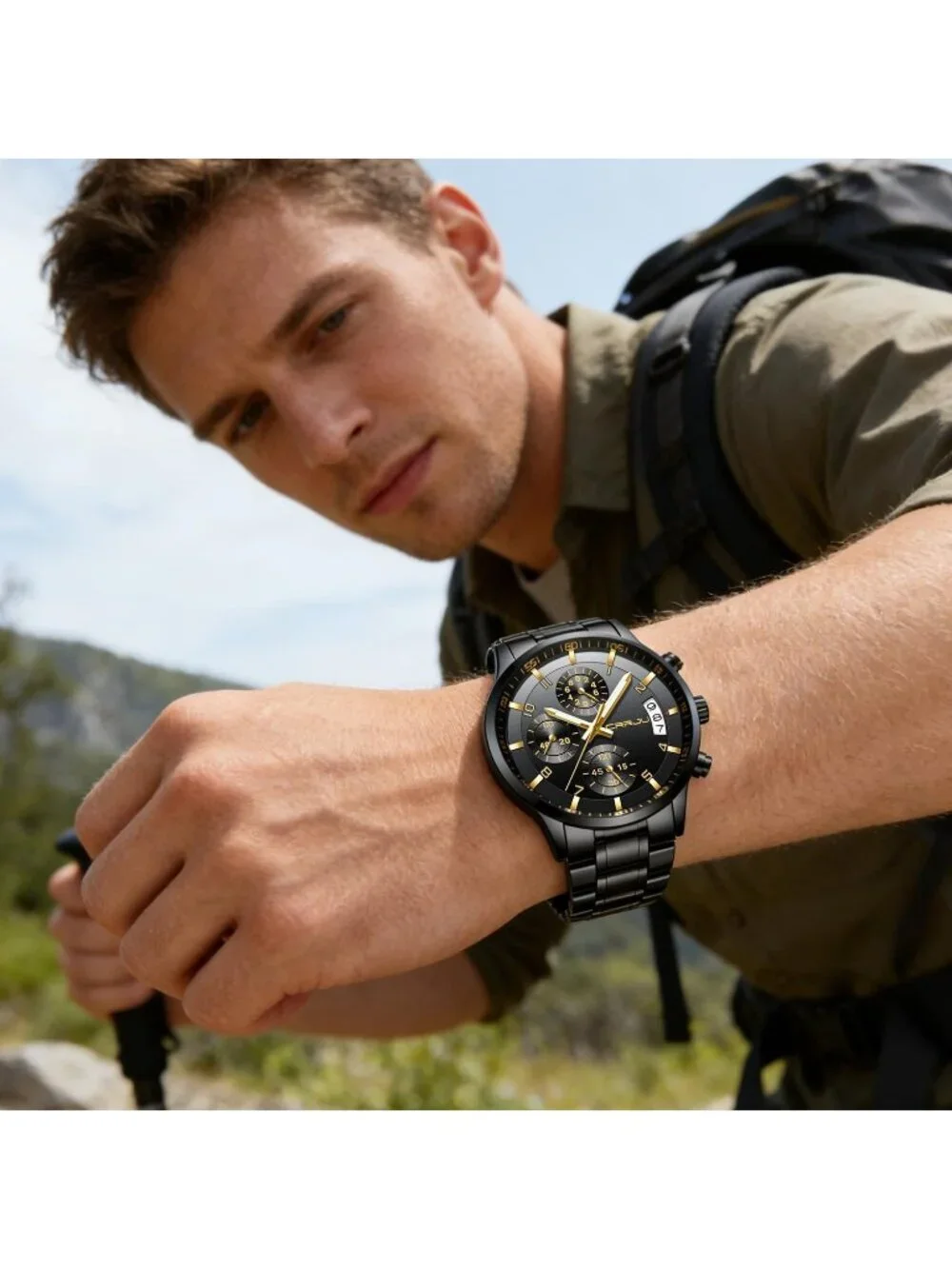 Men's Black And Gold Analog Stainless Steel Waterproof Chronograph Wrist Watch